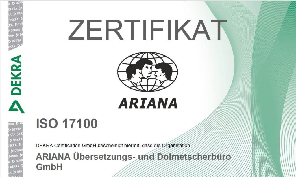 Ariana ISO Zertifikat Übersetzung